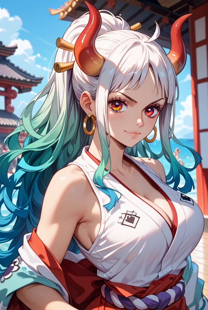 masterpiece, ((ultra detailed background, delicate pattern, intricate detail)), (highly detailed, fine details), best quality,beautiful lighting, (((medium breasts, slim girl, very slim girl))), (close-up, portrait), YamatoV2, long hair, 1girl, horns, white hair, solo, oni, red horns, curled horns, hair ornament, (multicolored horns), jewelry, earrings, japanese clothes, kimono, hair stick, sleeveless, bare shoulders, aqua hair, sidelocks, hoop earrings, hakama, smile, wide smile, ((orange eyes)), complex detailed background, outside, nature environment, rocks, sunny, blue sky, sky, <lora:YamatoV2Nine:0.75>