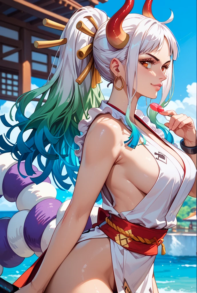 best quality, masterpiece, 4k, absurd res, UHD, ultra-detailed, detailed eyes, detailed skin, detailed hair, detailed face, (face of Evangeline Lilly:Blake Lively), detailed fabric, (1 young beautiful girl, solo:1.1), Yamato (one piece), (multicolored hair, long hair, white hair, aqua hair, two-tone hair, high ponytail, hair stick, hair ornament), (natural big breasts:1.2), (sideboob:1.2), (shimenawa, Japanese clothes with shimenawa, rope, sleeveless kimono, bare arms, kimono, sleeveless, oni, bare shoulders, hakama), (curled horns, red horns, multicolored horns), (happy smile:1.2), earrings, jewelry, (big eyes, brown eyes), collarbone, cowboy shot, v-shaped eyebrows, ((hourglass shape)), sexy pose, ((NSFW))
