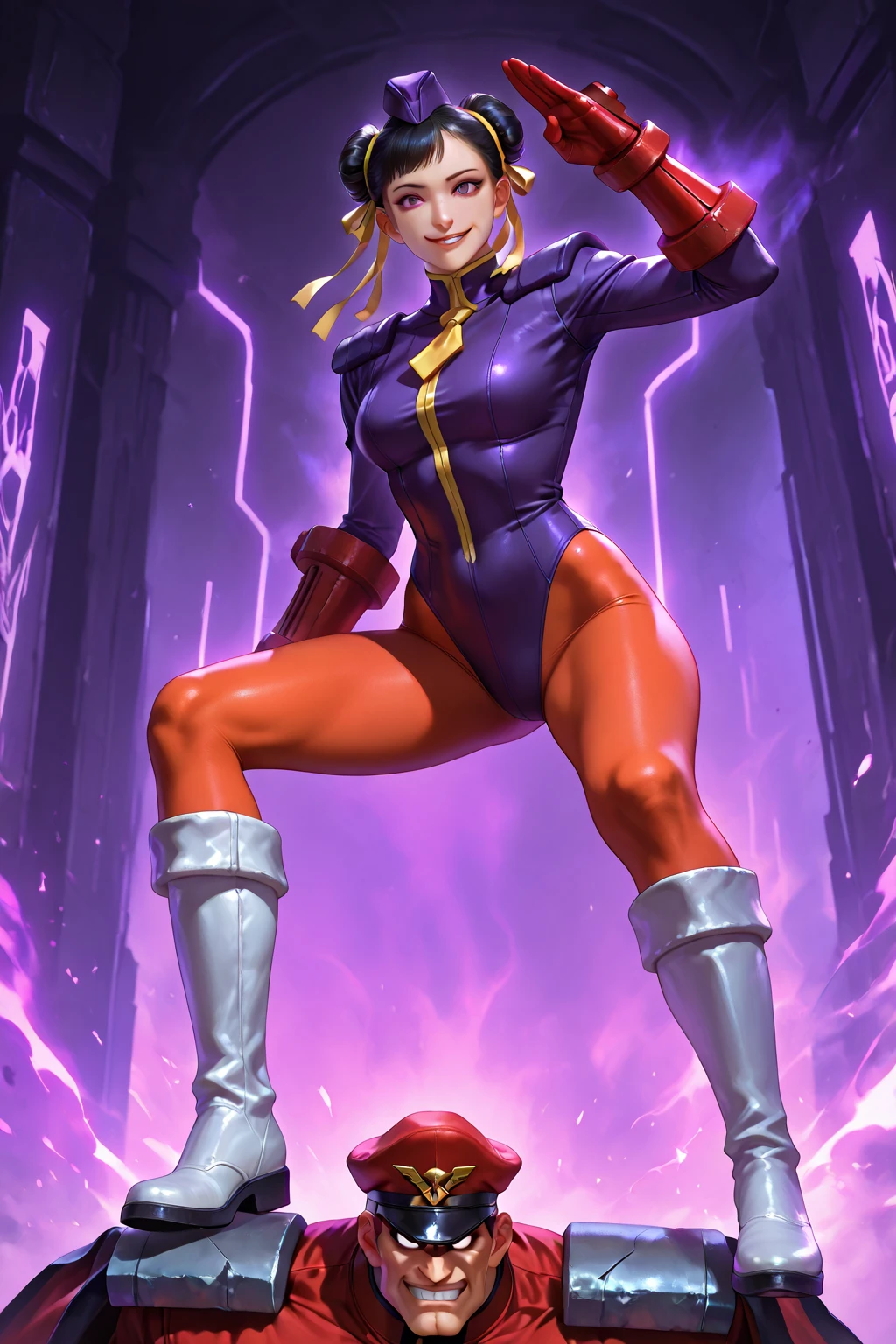 Iron Baroness, powers, electricity, bazooka in hand, skates, glasses, street fighter, blonde, purple, violet, realistic eyes, 8k blue eyes, sensual face, sexy look, braids, thin woman