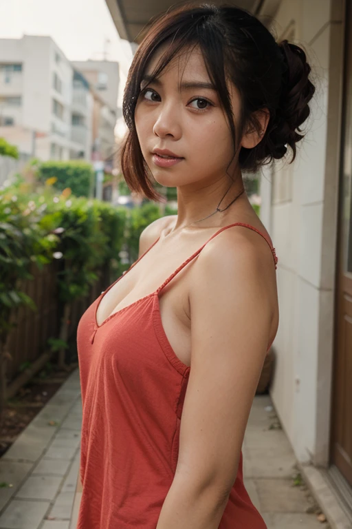 (((masterpiece))),(((High resolution)))、(((8K)))、(((perfect face)))、(((beauty of japan)))、23 years old、(((beautiful face))), (((tanktop))), sari, embarrassed look, look at the camera, top quality eyes, detailed texture, look at the camera, standing, plump, big, (Wearing a red sari to cover her body)