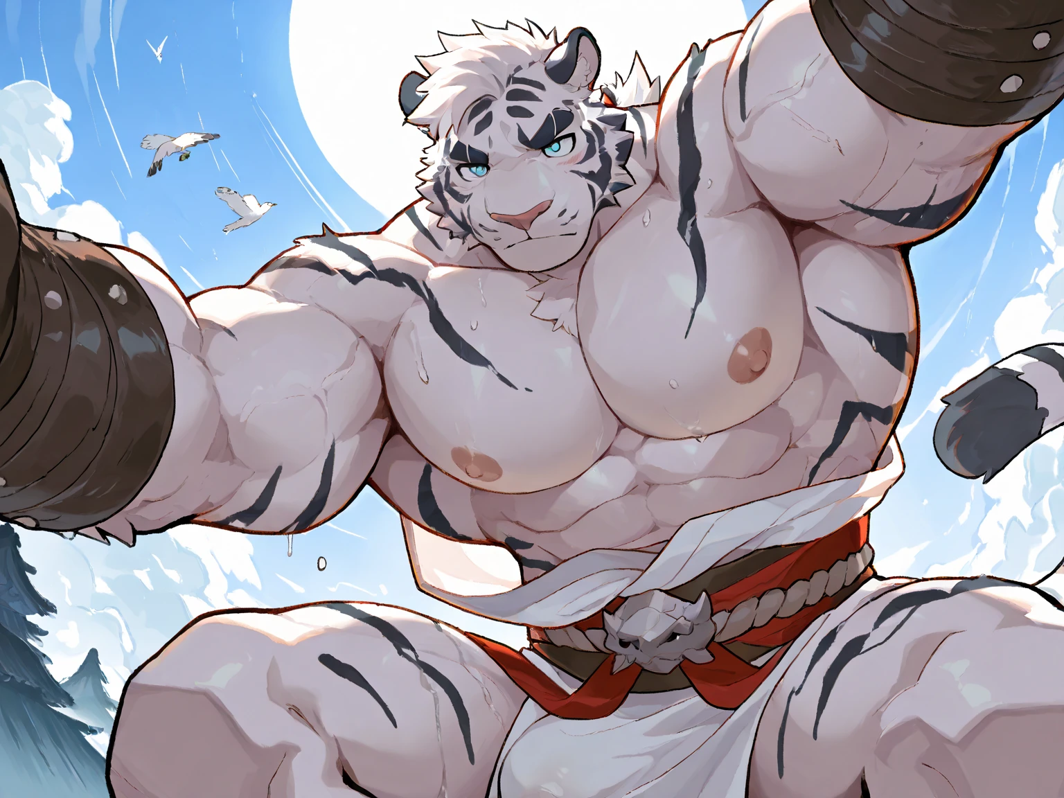(By Empty Ghost, From thebigslick, By Dark Gem, Will chase), Keyuan Building (Onmyoji Daisenji Temple), High quality photos, Perfect anatomical structure, Anthropomorphic white tiger, male, 20 years old, Thick eyebrows, (Super short hair:1.4), Light blue stripes, Strong body, Pectoralis major, Tight white vest, White shorts, (Detailed long and thick veiny crotch bulge:1.4), Medium bulge, Pink Milk Cluster, 浸泡在Natural hot springs中, Partially submerged, Open your thighs, One arm raised, (Dynamic poses:1.5), Shy expression, blush, Golden pupils, Look up at the audience, Clear facial features, Strong, solitary, top view, Full body portrait, night, Foggy atmosphere, Sweating in the legs, In the valley, Natural hot springs, White pebbles can be seen everywhere, wild plants, firefly