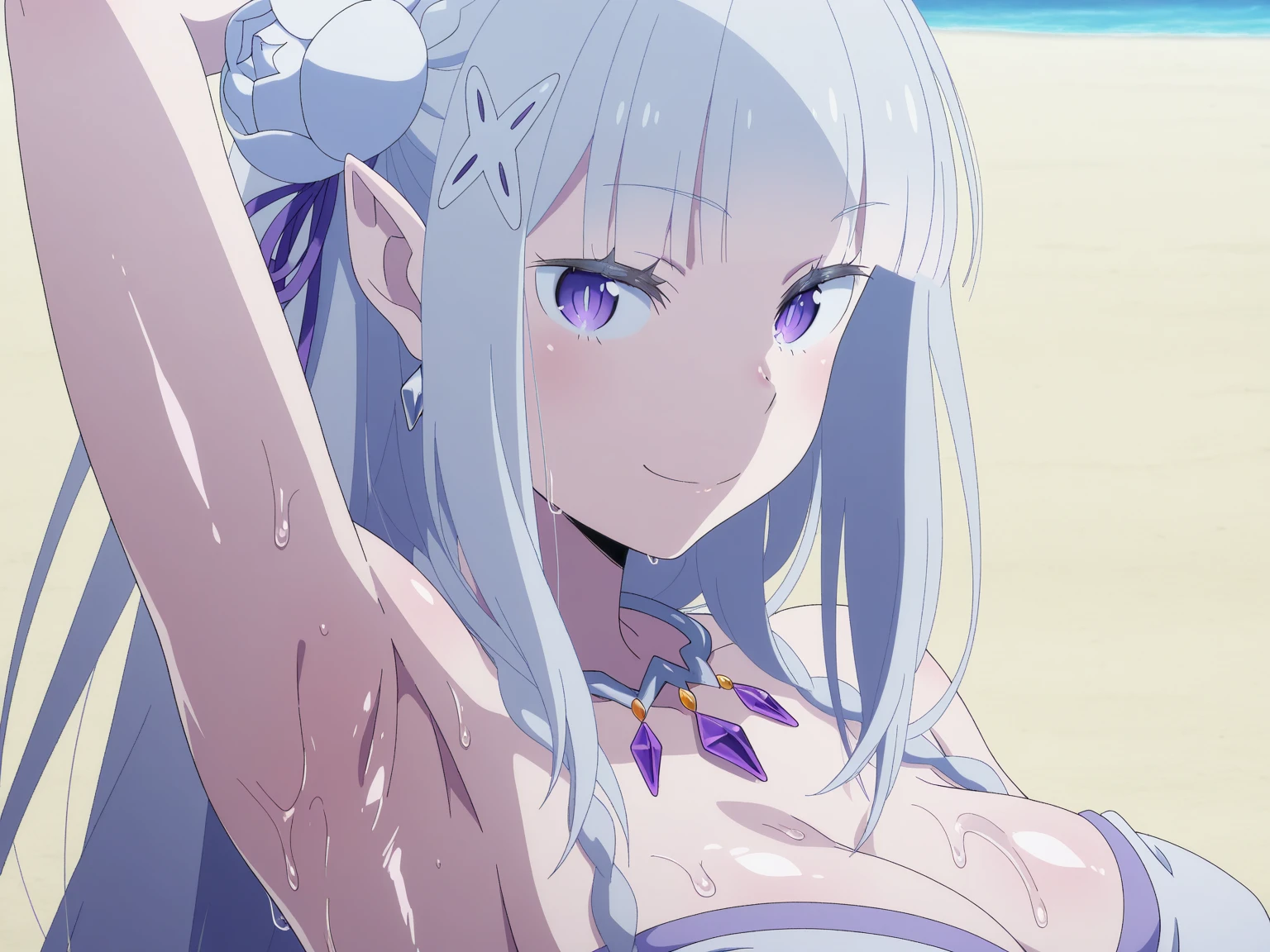 realistic, 1girl, Emilia re:zero, crown braid, flower hair ornament, x hair ornament, white hair, long hair, purple eyes, bikini, beach, light particles, light rays, wallpaper
