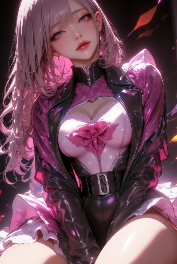 Close up of a smile with the corners of the mouth raised、Korea person、Korea person、Korea person、(Lustrous red eyes、Eye Gloss)、(open shiny lips of dark red color,、lipgloss)、(bangss、silver shiny bangs、hair gloss)、Beautiful 30 year old woman、dreamlikeart、Highly detailed airbrush art、intricate detailes、Volumetric lighting、(top-quality)、(The ultra-detailliert)、Highly detailed colorful details、(Irridescent color:1.2)、(Bright lighting)、Magical、dynamic compositions、Ray traching、The mirror reflects light、Shallow depth of field、ultra-detailliert、mixing exposure、nffsw、Super masterpiece、vivd colour、colourfull、Rich colors、exquisitedetails、 (butterflys,Exquisite butterflies,Ultra CG), (High resolution:1.5)、Pink wetsuit