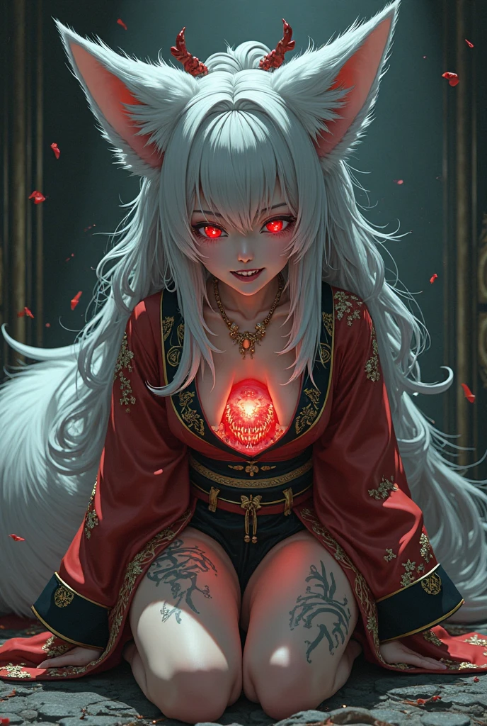 Create a drawing of a female anime character who is a nine-tailed fox spirit., very beautiful face, ghostly smile, shifty, sharp eyes, wearing red costume, sexy full body jewelry, flower tattoo on chest, behind are nine tails there are nine tails, đang nở ghostly smile, sharp fangs sitting on the roof legs crossed, Hand holding an ancient round fan with exquisite carvings, looking down at night to see a bustling citadel with sparkling lights., lanterns all over the sky but not a soul