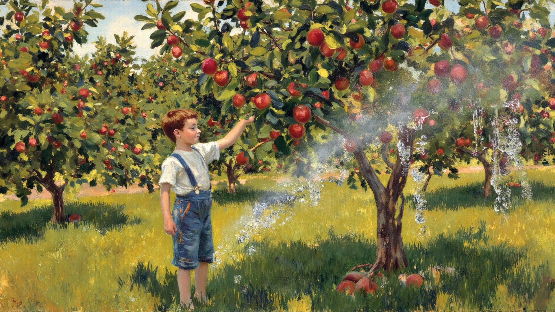 2-year-old boy sitting in a green and flowery garden. He is holding an apple in his left hand and biting it. It's a sunny day with a rainbow in the background and a dog painted black and white behind it.