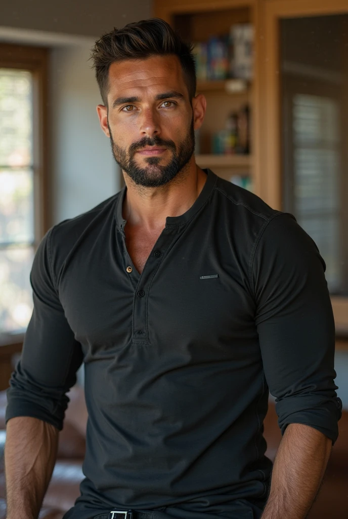 hair, portrait of a ruggedly handsome paladin, muscular, half body, masculine, mature, Retrato de un joven, Muscular very handsome and attractive italian men, A 40 years old male, Retrato de un joven, Muscular, real, ( Man in the room ), Wearing black business shirt