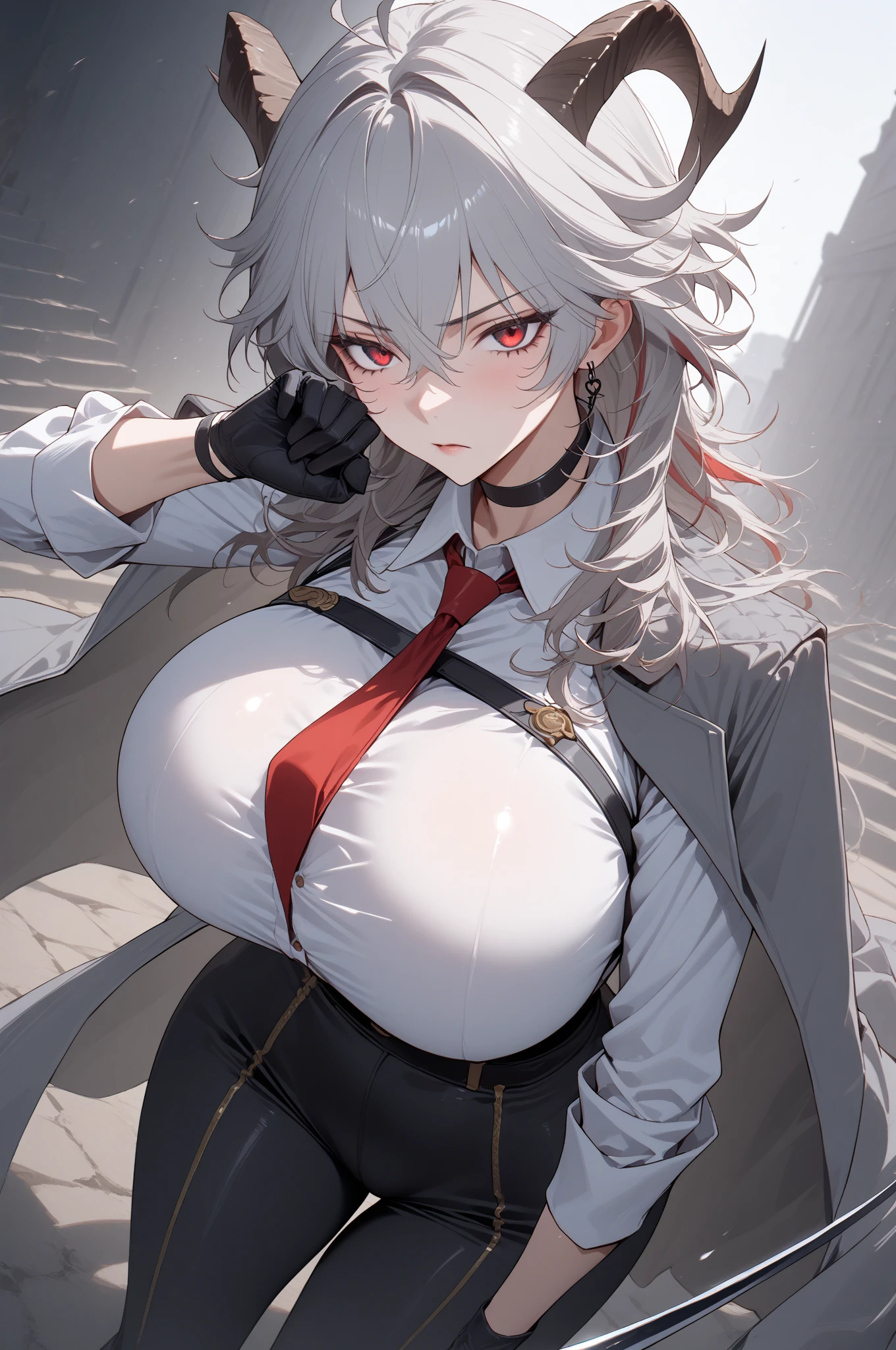 (masterpiece, best quality:1.2), 1girl, 独奏,Black military uniform、Gray cat ears、Point your gun at us、Grey long hair、Ahoge、Yellow Eyes、Grey trench coat、Gray cat ears、I took off my hoodie and put it on my shoulder、Ready your gun?、sniper rifle、Background of military bases、Fisheye Lens、battlefield、Shadows of light and darkness、Expressionless、Grim face、battle、Gray trench coat、Black knee socks、Cleavage、Black collar,