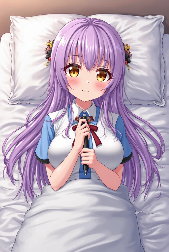 ((masterpiece)), ((best quality)), (ultra-detailed), anime style,on the bed, a cute girl, 1girl, solo, ((beautiful eyes)), smile, ((open chest)), ((cute nipples))