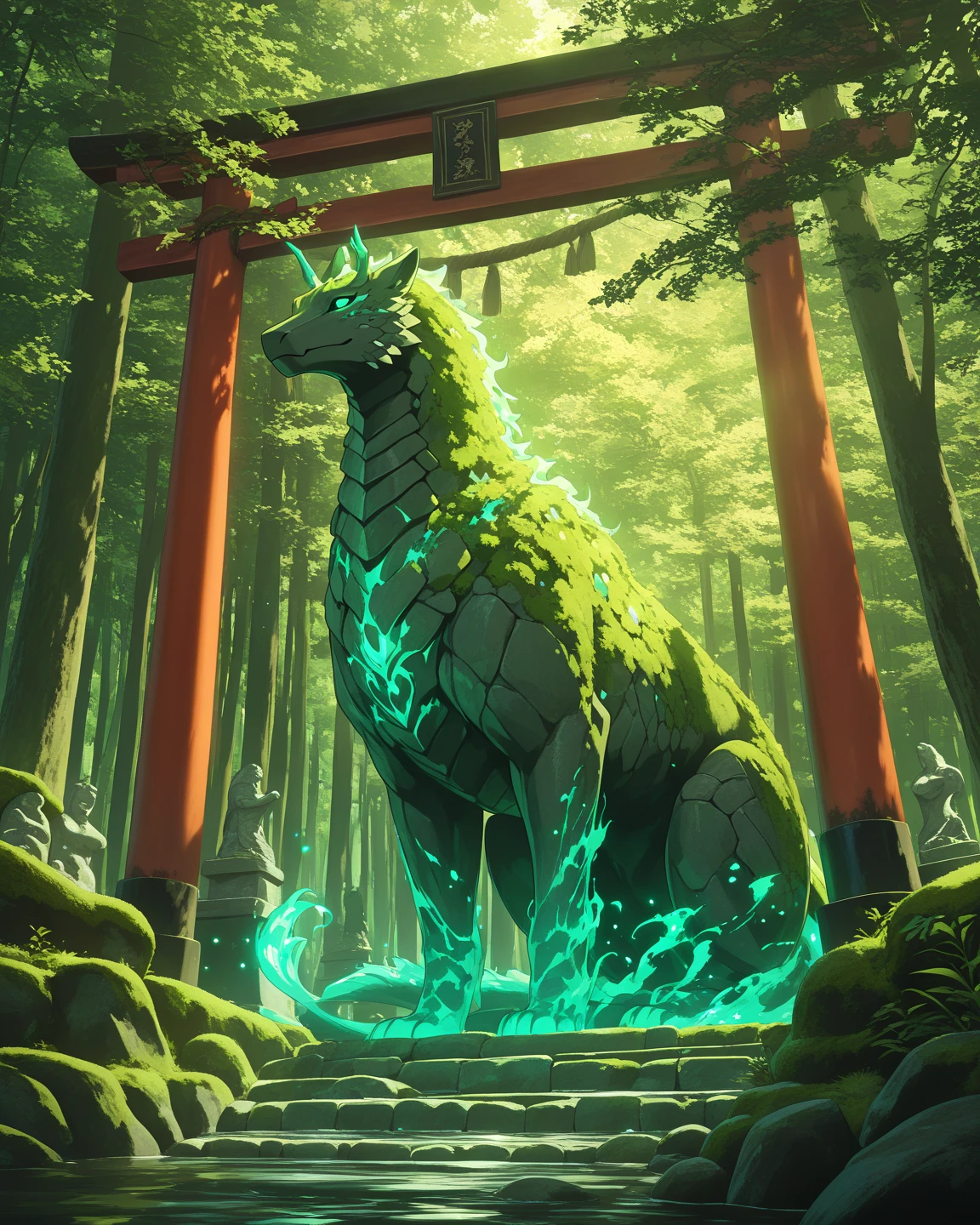 a painting of a stone tower, asymmetrical, dragon, art by toridamono, art by akihito tsukushi, outdoors, scenery, tree, flower, day, nature, sunlight, monster