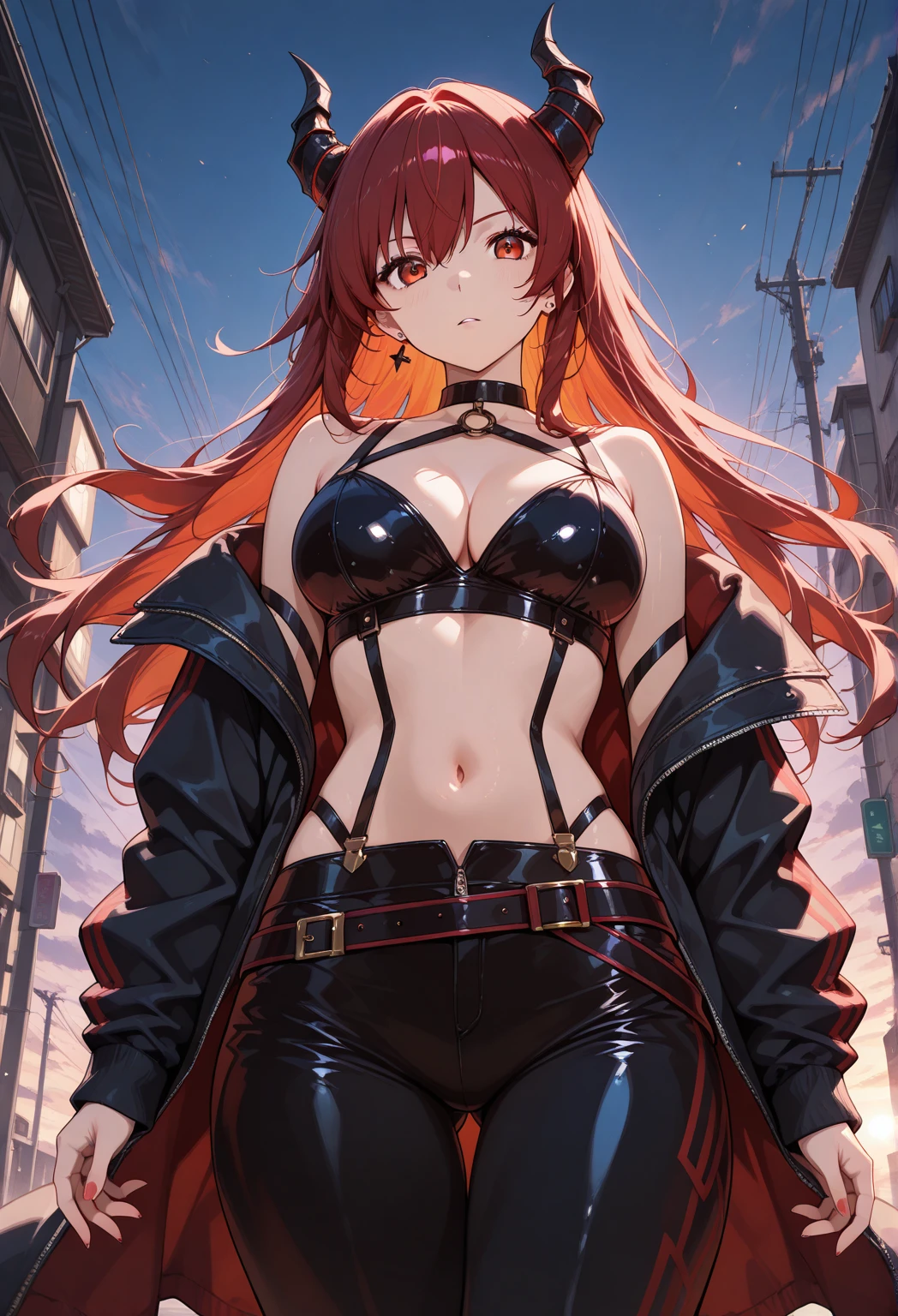 young girl, suntanned skin, Long red hair, violet eyes, open torso, Assassin's Clothes, Smile, Masterpiece, hiquality