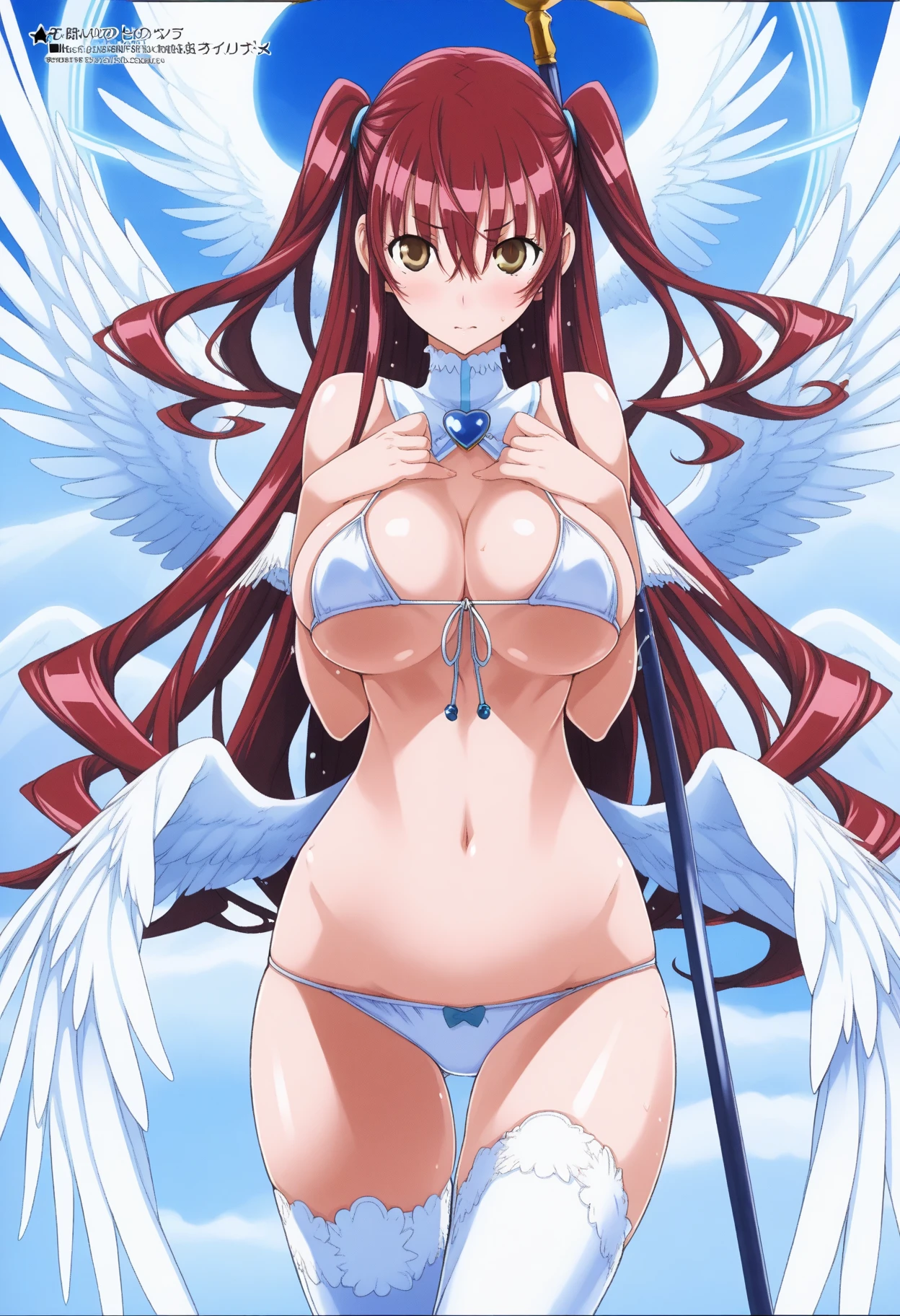 gran calidad ++ Extremely detailed high resolution, very aesthetic, ojos expresivos, (((Cara perfecta))), (((face symmetrical))), ((good anatomy)), (((manos perfectas))), (((8k))), UHD, Fondo de pantalla HD, (((alta calidra detallada, (((1girl))), rias gremory, ((((golden hair)))), long hair, reaches down to thighs with a single hair strand sticking out from the top hair also has loose bangs covering forehead and side bangs framing face, voluptuous body, large breast, black lingerie, black bra, black lace panties, black garterbelt with stocking, looking at viewers, lay on bed, perfect finger shape, the number of fingers not excessive, ((((wings of angels)))),
