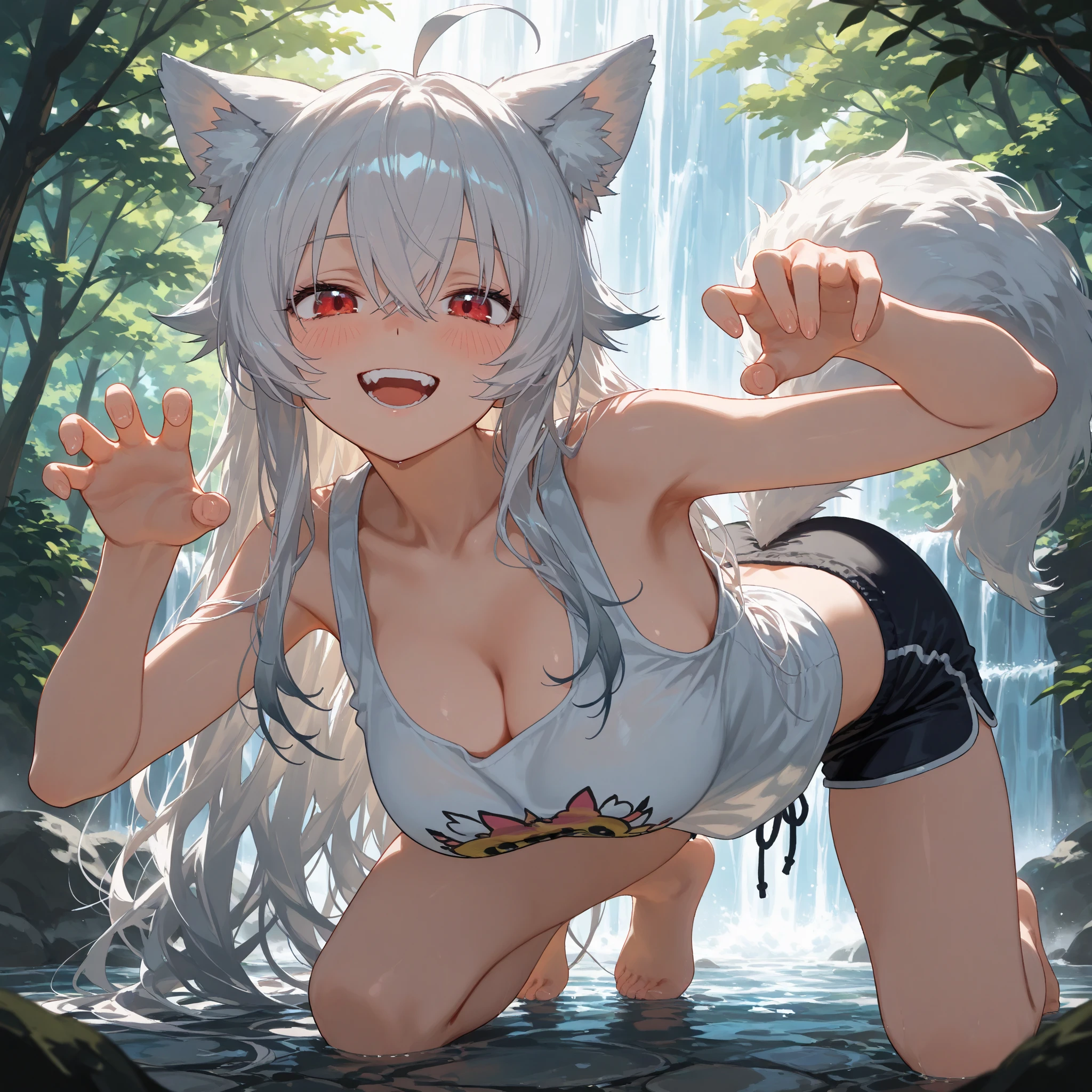 (masterpiece:1.3), (8k, Realistic, RAW Photos, highest quality: 1.4), ((One Japanese woman)), Beautiful Face, (Realistic Face), Beautiful hairstyle, ((Long, narrow eyes)), Realistic eyes, Beautiful fine details, (Realistic Skin), Beautiful Skin, Absurd, Charm, Ultra-high resolution, Ultra-realistic, Very detailed, Golden Ratio, (Best Shadow), Cinematic, (Complex:1.4), ((One Priestess)), smile, (vermilion eyeshadow), ((White Fox Ears, Long white hair, Wet Hair)), ((Fair skin)), (Pure white skin:1.1), (Sweat:1.0), (Flushed cheeks), (Mouth open, ??? on tongue:1.1), (Anguished expression), (??????:1.0), Voluptuous body, ((On all fours)), (Large Breasts:1.1), ((Cleavage:1.1)), Alluring, ((White bathing suit, Wet:1.2)), ((Grabbing her chest, Touching the crotch)), barefoot, ((Rising steam)), (morning haze:1.5), ((Deep in the forest:1.2)), (steam:1.6), cowboy shot