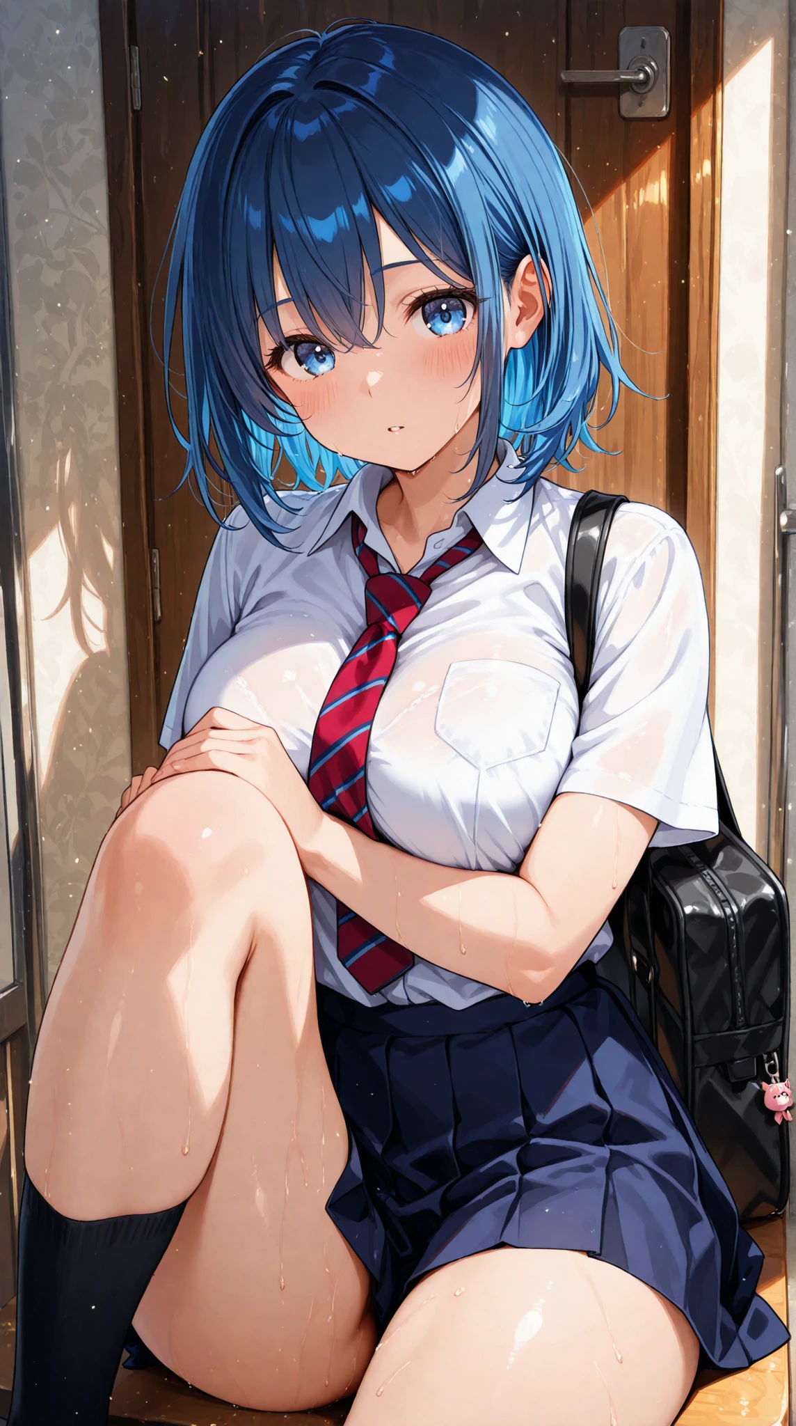 (highest quality, High resolution:1.2), (girl standing and looking at me),(NSFW),((from below))、A girl trembling at sexual climax、((She lifts up her skirt with both hands and shows her underwear.))、((school uniform))、 fine and beautiful eyes, blue hair、short hair、Rezero Rem、thick and beautiful lips, highly detailed eyes and face, long eyelashes, Moderately:Oil, bright colors, HDR, studio lighting, Ultra-fine painting, sharp focus, Physically based rendering, extreme details, portrait, curved body, Moderately胸, perfect shape, face-to-face audience, nice, half body photo, displayed in full frame, lace sexy underwear,baby doll, outside