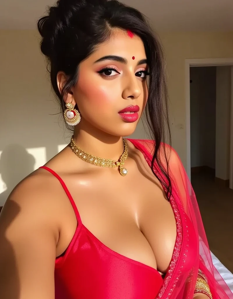 ((best quality)), ((masterpiece)), (detailed), big pumped lips red lipstick super big fake lips, lips piercing saree bikini bra Indian married women , sindur in hair , wet lips wet