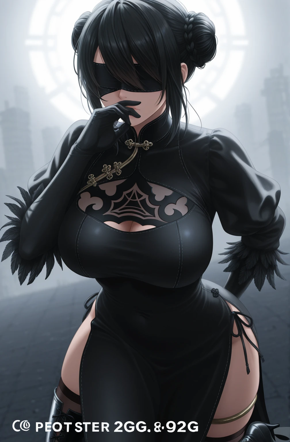 Tall girl with grey skin, an a snake tail instead of legs. Big boobs. Black short hair, bangs covering her eyes a bit and deep black eyes.