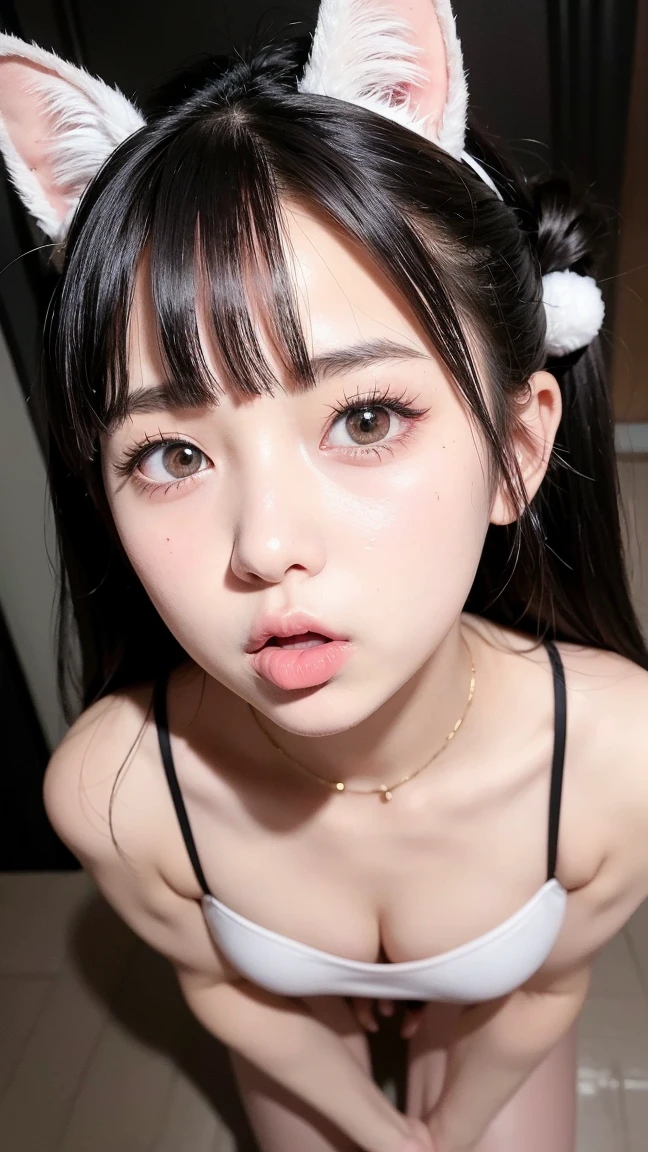 (8K、primitive、professional、high high quality、Masterpiece:1.2)、(hentail realism、Photorealsitic)、The ultra-detailliert、(porate)、(highest detailed skin)、((Perfect face))、cinmatic lighting、17-year-old girl、Light gray eyes、Beautiful eyes、short bun hair、A slight smile、Perfect body、(((Detailed breasts on clothes))), a necklace、(((Sheer white Tang style top))), Sexy, camisole, Style like a mannequin,