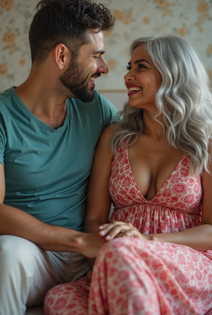Beautiful woman, blue eyes, blonde with blue hair ends, wavy long hair, tattoos, a wedding ring kissing the cheek of a handsome male, short black beard, short black hair, tattoos, blue eyes, athletic build, wedding ring, holding her pregnant belly; maternity photo