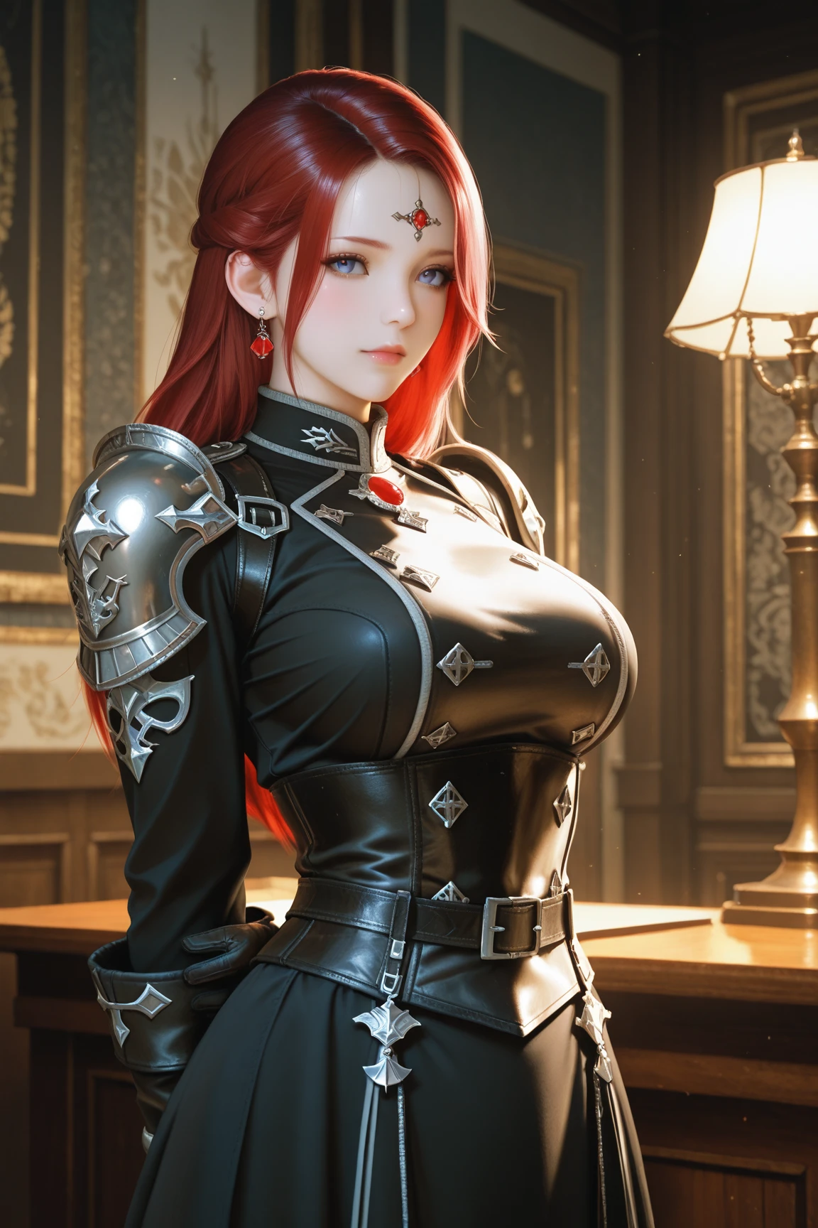 Masterpiece, best quality, 1_woman, (Caucasian skin_complexion) long double hair braids, dark red hair, diamond shaped eyes, , large_bust, chest window, cleavage double button breast, long dark red silver trim, black tights, (armor), (full-body in screen) small waist