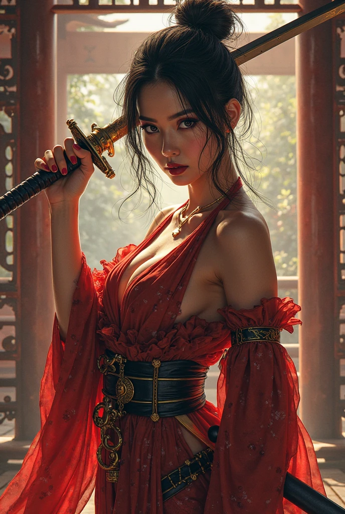 samurai woman, ((masterpiece, highest quality, Highest image quality, High resolution, photorealistic, Raw photo, 8K)), ((Extremely detailed CG unified 8k wallpaper)), (huge stunning goddess shot, very hot and , jaw-dropping beauty, perfect proportions, beautiful body, slim body beauty:1.4),