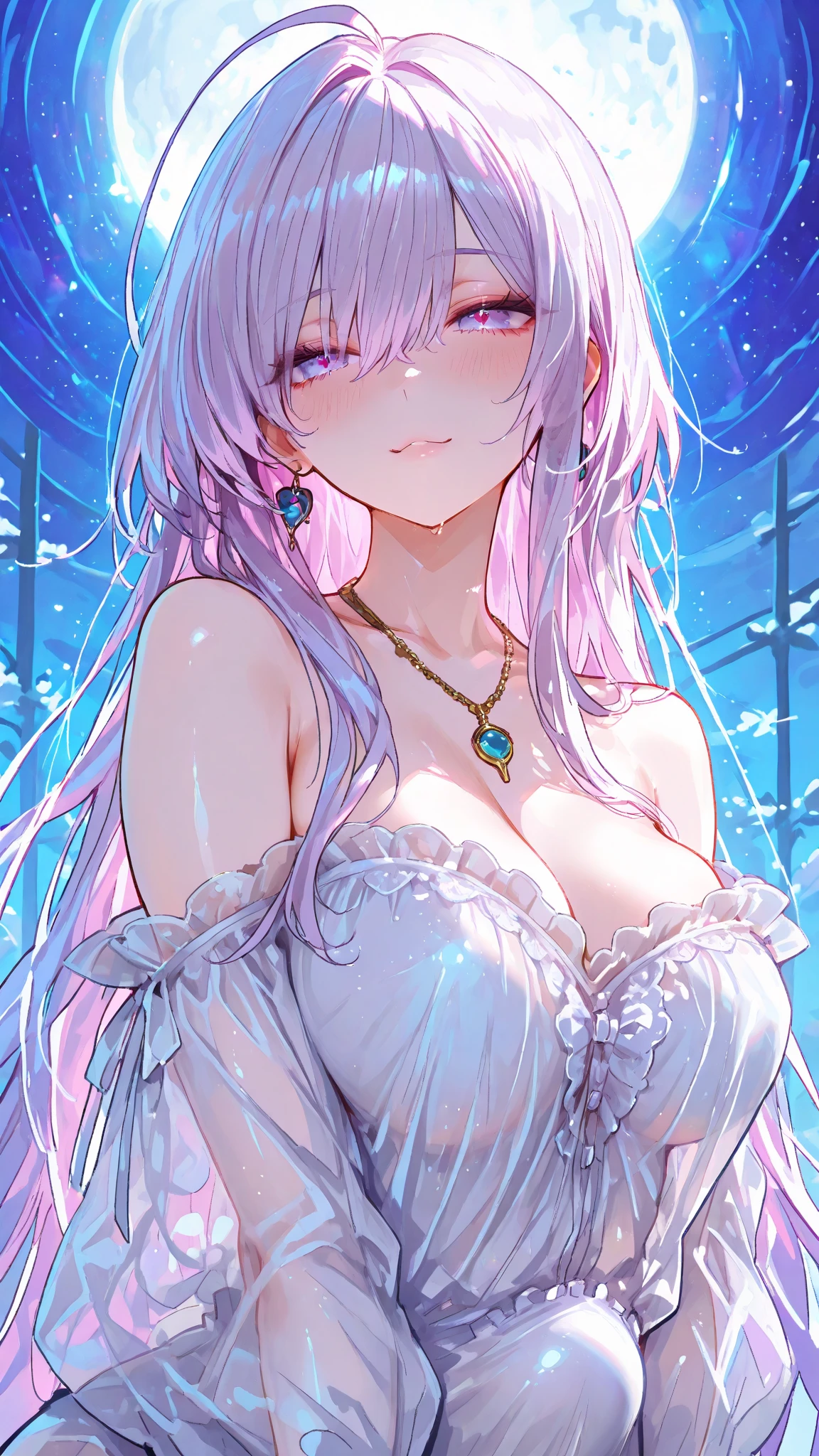 (very delicate, Masterpiece, Excellent lighting and shadows, HD wallpaper 8K), woman, 16 years old, white hair, Long straight, blue eyes, big breasts, wide hips, Wear a long white dress,big eyes, plump lips, Pink cheeks, In the middle of the sea.