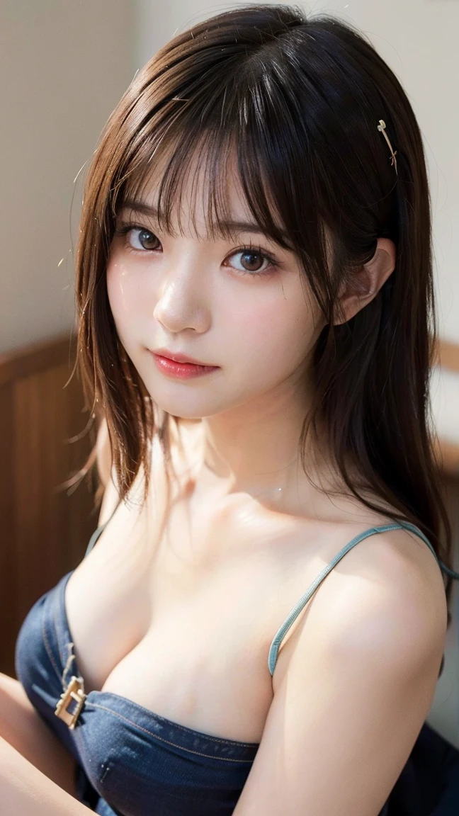 masterpiece, highest quality, 8k, 20th generation, Big Breasts, cute, alone, sad, cute, Girlish, Delicate girl, Pure beauty, RAW Photos, Professional photography, Portraiture, Soft Light, Professional Lighting, Backlight, Upper Body, avert your eyes, Sophisticated, Film Grain, (Eye and facial details:1.0), floating short hair, beautiful, Flowing Hair, bangs, Loose Camisole、(Big Breasts:1.2)、A little bit of cleavage is visible、dolly make、Heterochromia iridis