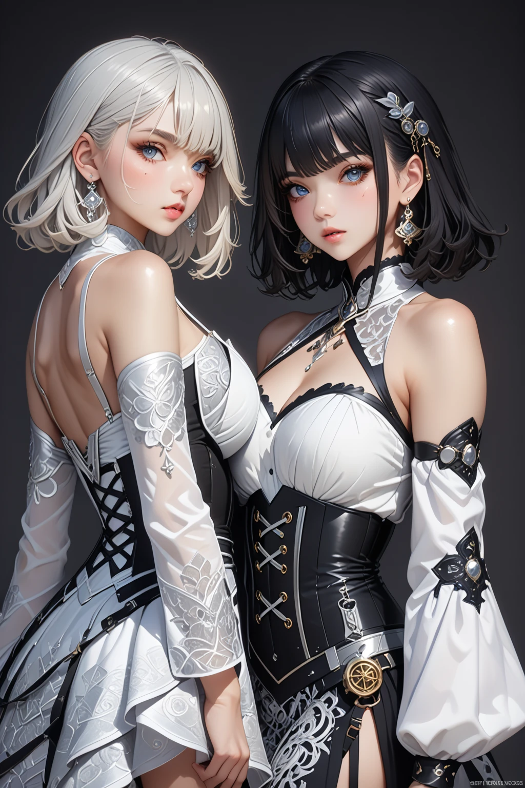 ((High quality)),masutepiece,(Detailed depiction of local details:1.2),1girl in,Blue eyes,Plump breasts,Enchanted Valley,Closed mouth,Eyelashes,Portrait,Solo,White hair,black theme,Short hair,Silver hair,Yorha No. 2 Type B,(((White hair and black hair)))、Full body view、((Two girls dressed similarly))((White wedding dress vs black wedding dress))((Two people smiling))((Light skin and dark skin))(((Black Hair、Dark Skin、Woman in Black Dress)))