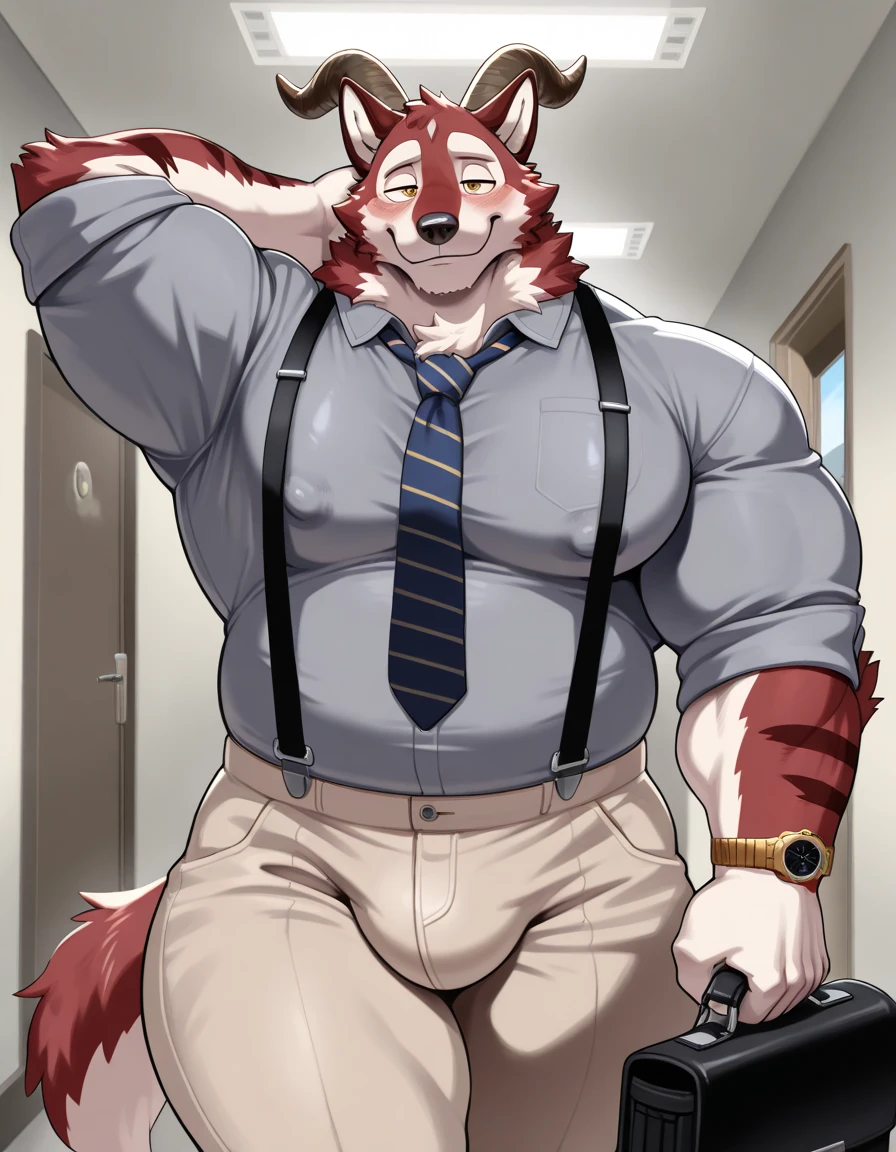 By bebebebebe, by lostgoose, by goonie-san, solo, male, standing, shirtless, red briefs, serious face, huge bulge, furry, German shepherd, in underwear, loose tie, buff, muscular, large pecks, bulging pecs, penis bulge, testicle bugle