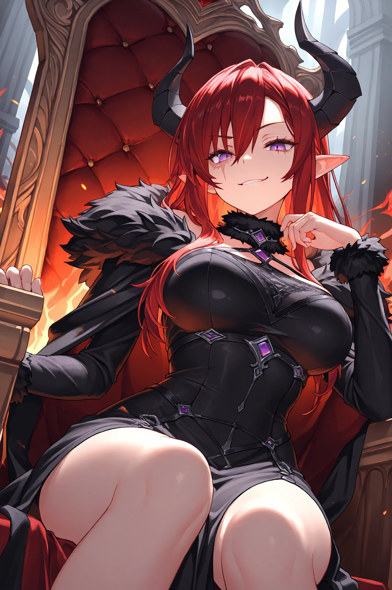 Fantasy, night, 4k, high detailed, Cinematic scene and lighting, a voluptuous succubus with horns and curvy body, sitting on a huge iron throne, in the wide dark stone hall, heavy Iron chains, evil smirk, showing teeth, red eyes