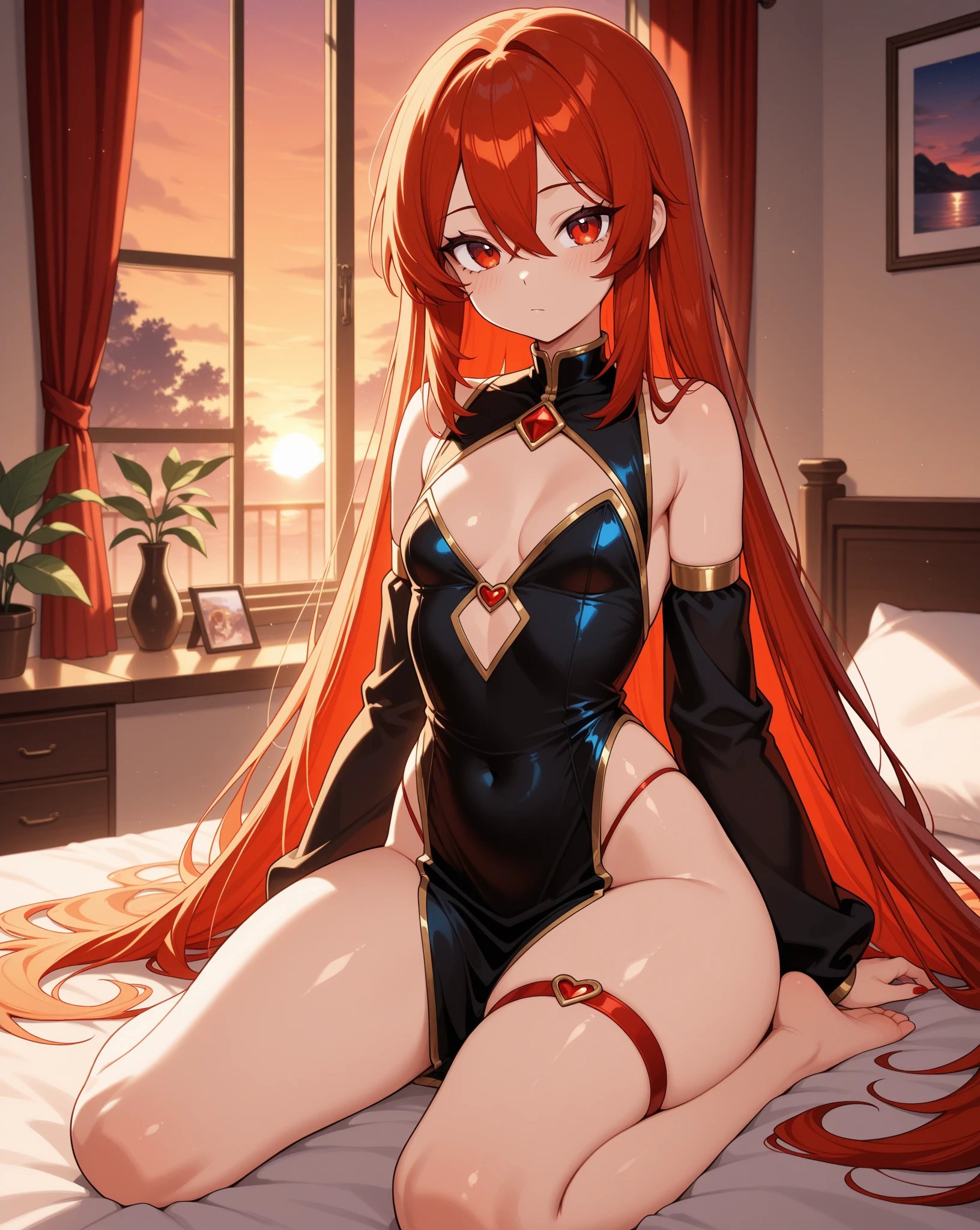 tmasterpiece,HighestQuali,k hd,a woman in a suit of red,With a bat in hand, full body zenkai! asuka suit, asuka suit under clothes!, asuka, asuka langley, asuka langley sohryu, asuka langley souryuu, Asuka Langley Soryu, beautiful asuka from evangelion, asuka from evangelion, portrait of asuka langley soryu,black lence stockings,sit on a bed