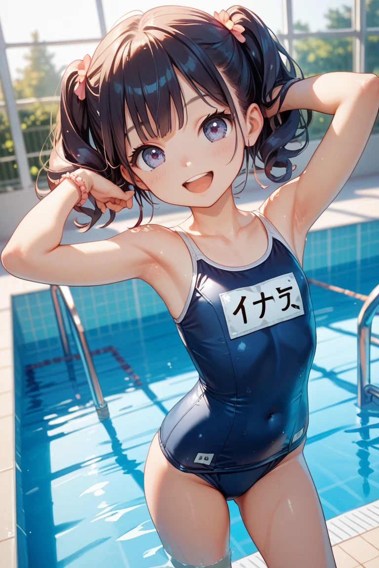 ((young 2girl ,short stature,gyaru)) ,flat chest,flushed, flushing,black hair, twintail ,,nsfw,heavyset,poolside,looking at viewer.one-piece-swimsuit,stand,stand cute posing