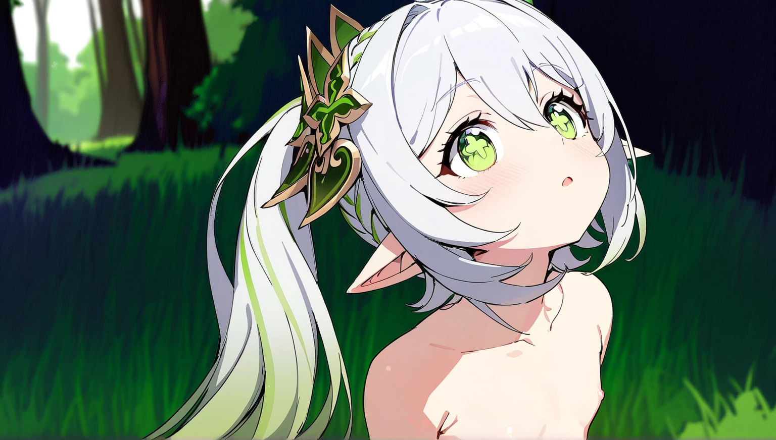 masterpiece, highest quality, Soft lighting, Confused, Looking at the audience, alone, smile, Leather gloves, Knee socks, White boots, whole body,(Browsing Caution),(((nude))),(Take off),(Spread your legs,She spreads her organs to show her uterus),(Big Tits: 1.2), (Pussy juice: 1.3), Nahida Genshin Impact | Character Lora 1283,((low length:1.5)),((Chibi:1.5)),(((Young Girl:1.5))),((default character:1.5)),((Mini Characters:1.5)),(Ari'se standing:1.7),((Beautiful background)),