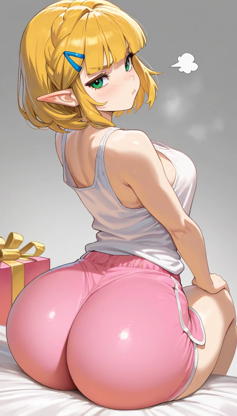 High resolution, Very detailed, perfect lighting, beautiful detailed eyes,   ((masterpiece,Best Quality)), absurdities, alone,     princess zelda, by the width, crown braid, Hair clip, pointy ears, pink shirt, long sleeves, Gloves without fingers, black gloves, smile, curves, nod,   ,  deep neckline, deep neckline, bare breasts, bare breasts, NSFW, visible nipples, visible nipples, view from behind, view from behind, big butt, big butt, sitting, pink thong with lace