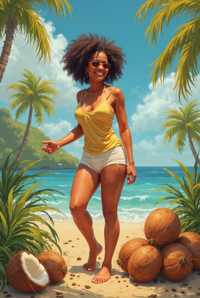 a black woman with curly hair wearing a yellow, green and blue bikini, walking on the beach and drinking coconut water, and a toucan