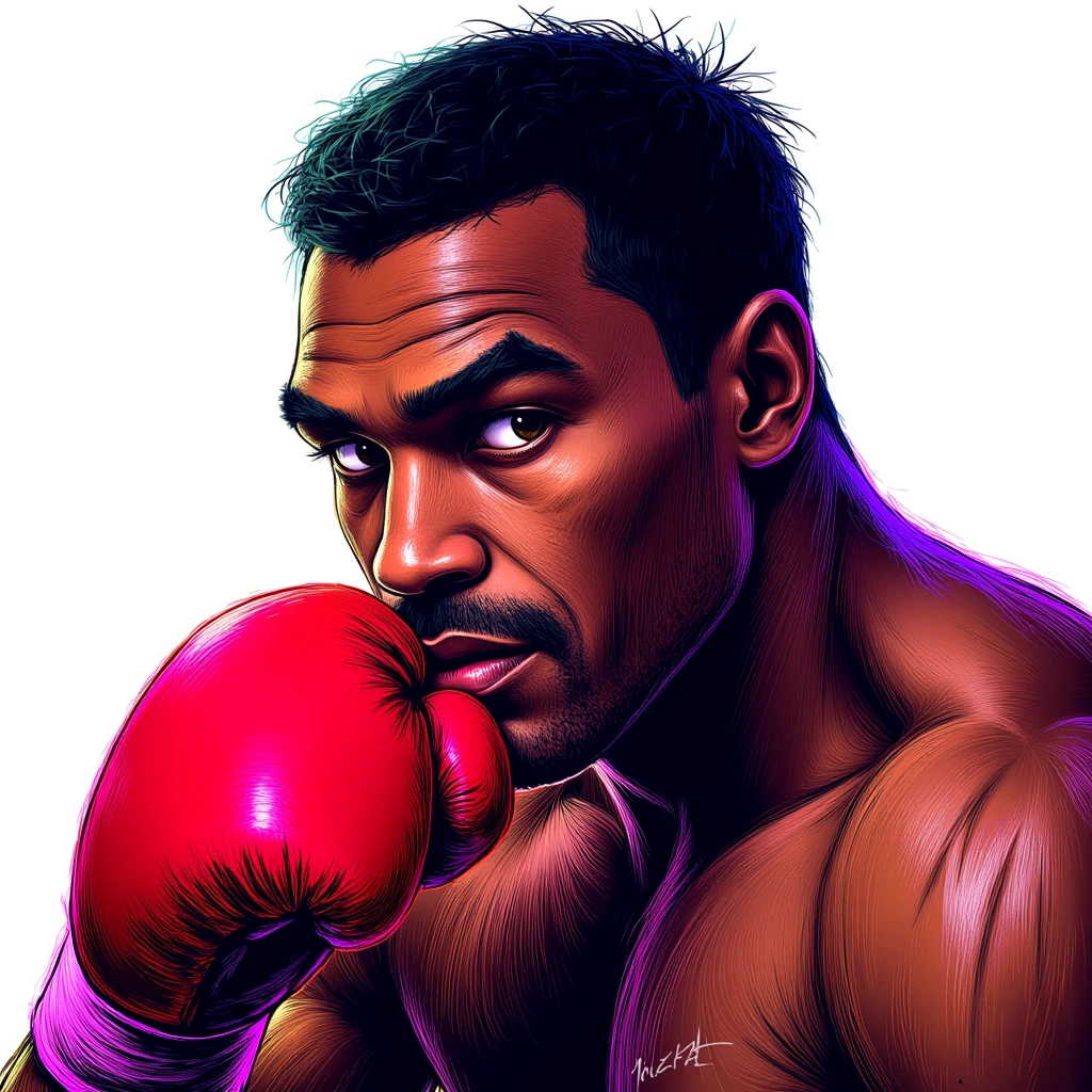 Tall 3 African American man. Standing his arms in front hold his hands down. His eyes are bright hazel. He has tattoos on his arms and writing on his chest. He has facial hair in his chin and above his lips. He is wearing muy thai boxing shorts and he has short hair in cartoon mode