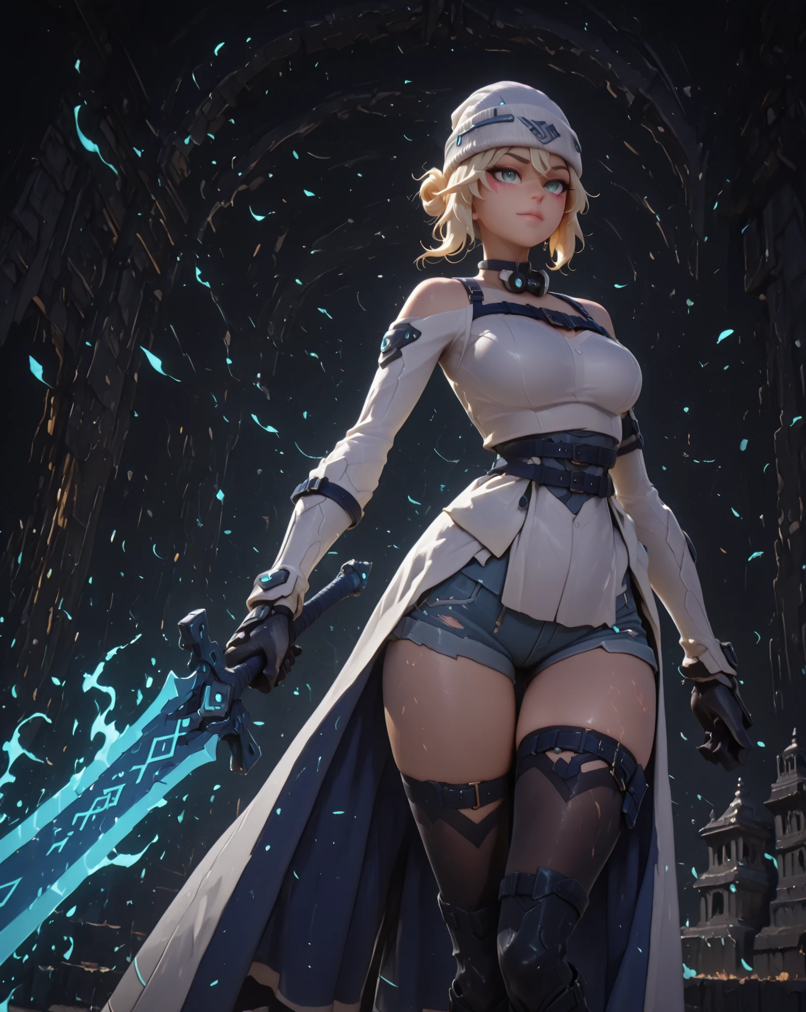 masterpiece, high resolution, 4k, best quality, solo female character, SAME as Kiriko K-pop (inspired by LE SSERAFIM Blue Frame), stylish white beanie, ultra-detailed, alone, light blonde hair with gray tones, short hair SAME as Kikiko (LE SSERAFIM), blue eyes, confident and slightly sadistic expression, fair skin, youthful curves, sensual pose, white coat tied at the waist, white long-sleeved blouse SAME as Kikiko (LE SSERAFIM), short blue denim shorts, black gloves, black boots, black mid-thigh-length tights, holding two large black swords with few gold details, looking directly at the viewer, provocative smile, exposed shoulders, thin waist, large breasts, wide hips, defined thighs, perfect anatomy, extremely detailed face, extremely detailed eyes, markings SAME as Kikiko (LE SSERAFIM) on her face (but in a light blue tone), highly detailed hair, highly detailed eyes, black background, details thin Realistic, solo character, black large sword, marks LIKE Kikiko's (LE SSERAFIM) on her face (but in a light blue tone).