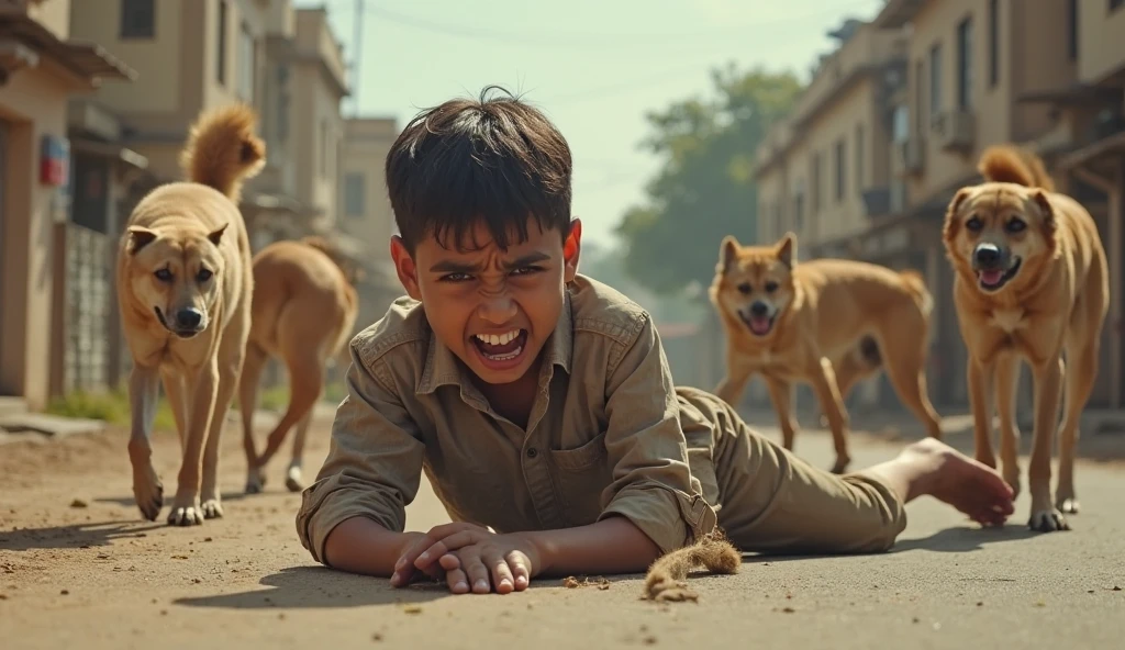 A boy hitting a little dog