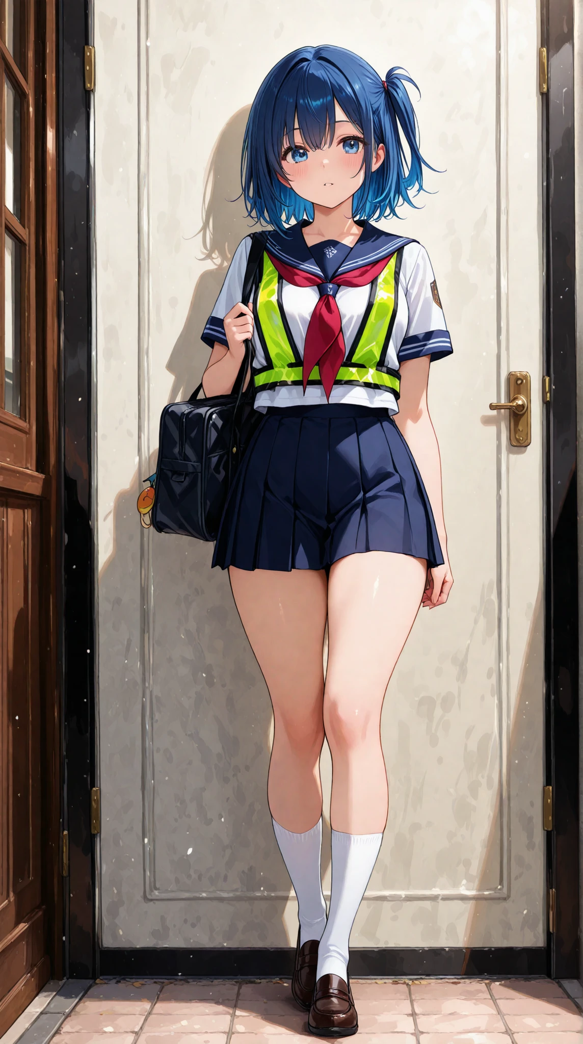 yoneme_mei, 1girl, solo, short hair, (illustration: 1.1), (best quality), (masterpiece: 1.1), (beautiful and clear background: 1.25), (extremely detailed CG unity 8k wallpaper: 1.1), (colorful: 0.9), (depth of field: 0.75), (splash ink: 0.95), (splash color: 0.85), (watercolor: 0.65), (denim beat: 1.4), blue (school uniform: 1.4), :d, dress, earrings, looking_at_viewer, neck_ribbon, smile, classroom, indoor, sunny, detailed blue sky