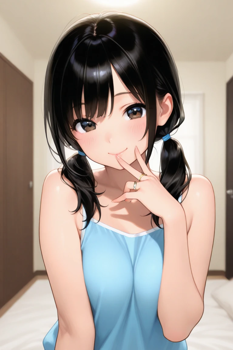sex friend,((blowjob pose、Close one eye, tilt your head up, open your mouth and stick out your long tongue))、Very beautiful Japanese women、Plump high school girl、(((Wearing a small, thin, plain tank top)))、Nice style、((Big Breasts、Rocket-shaped、The areola is long and pointed))、ponytail、Detailed depiction of a long tongue、Detailed depiction of fingers gripping peniaximum number of pixels、Ultra-realistic photorealistic image quality、((Excited and happy expression、Close-up of face))、((Biologically correct structure5Finger))、((The lower body is only panties))