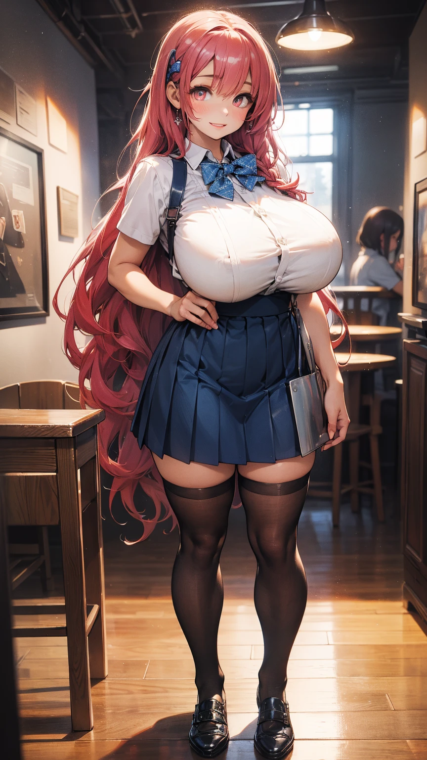 throw: ((((Super huge enormously gigantic tits, cleavage showing)))) 1 girls, teacher，Delicate and beautiful face, blush, Purple students，dyed red hair，by the wide，Gemstone earrings， plump chest，convex buttocks，black and white shirt，yellow bow tie，short red dress，Black lace stockings，perfectly proportioned, Detailed clothing details., patio，students，The sunlight，cinematic lighting, film grain, fujicolor, light and dark contrast, 8k, masterpiece, textured skin, Super detail, High details, high quality, High resolution,
