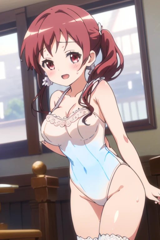 ((masutepiece, Best Quality, hight resolution, nffsw, Perfect Pixel, depth of fields, 4K, )), 1girl in, Solo, , Beautiful anime girl, Beautiful Art Style, Looking at Viewer, Perfect body, Yuigahama Yui, Short hair, single hair bun, pink hair, (large boob), Full face blush, Smile, thighs thighs thighs thighs, navy playboy bunny, red bowtie, white background, sitting on floor, portrait shot, Focus,