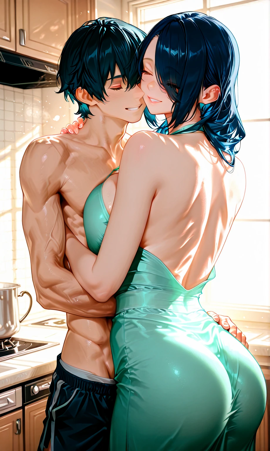 1boy, 1girl, abs, (ass grab), ((lace bra)), blush, breasts, doggystyle,  hetero, , table, sex, indoors, lens flare, windows, smile, hanging motion lines,curvy,nude,green hair,green eyes,masterpiece.