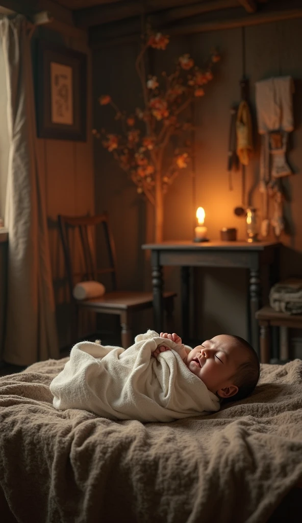 CLOSE UP OF THE NEWBORN SON OF MARIA AND JOSÉ DA BIBLIA, IN THE MANGER, RUSTIC PLACE, CINEMATIC IMAGE, 8K.