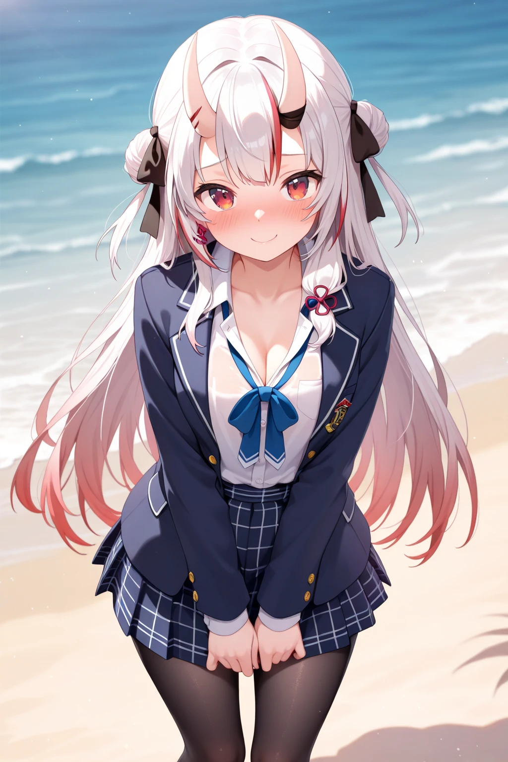 1girl, beautiful detailed eyes, long white hair, light blue eyes, school uniform, high white stocking, lustrous skin, seaside, beach, waves, high contrast, ((masterpiece, best quality))