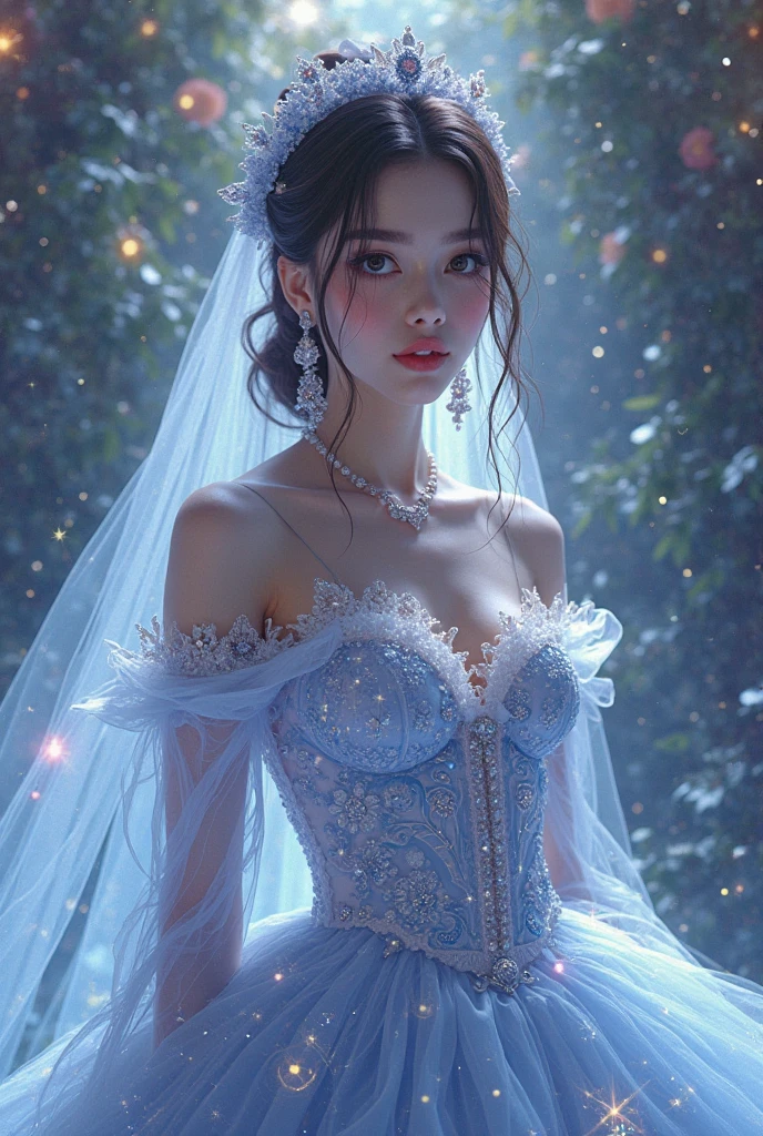 1 woman, 20 years old (Sexy, detailed and beautiful face:1.2), normal breasts, wavy hair, updo, forehead, ice hair bow, beautiful eyes, ((ice wedding dress)), (shining colorful fluorescent dress effect:1.5), evil smile, Gorgeous gems and jewels, necklace, earring, bracelet, holding flowers, frozen dark cave, (upper thigh shot:1.2), (masterpiece, top quality, best quality, official art, beautiful and aesthetic:1.2), uhd, mackerel, xxmixgirl,