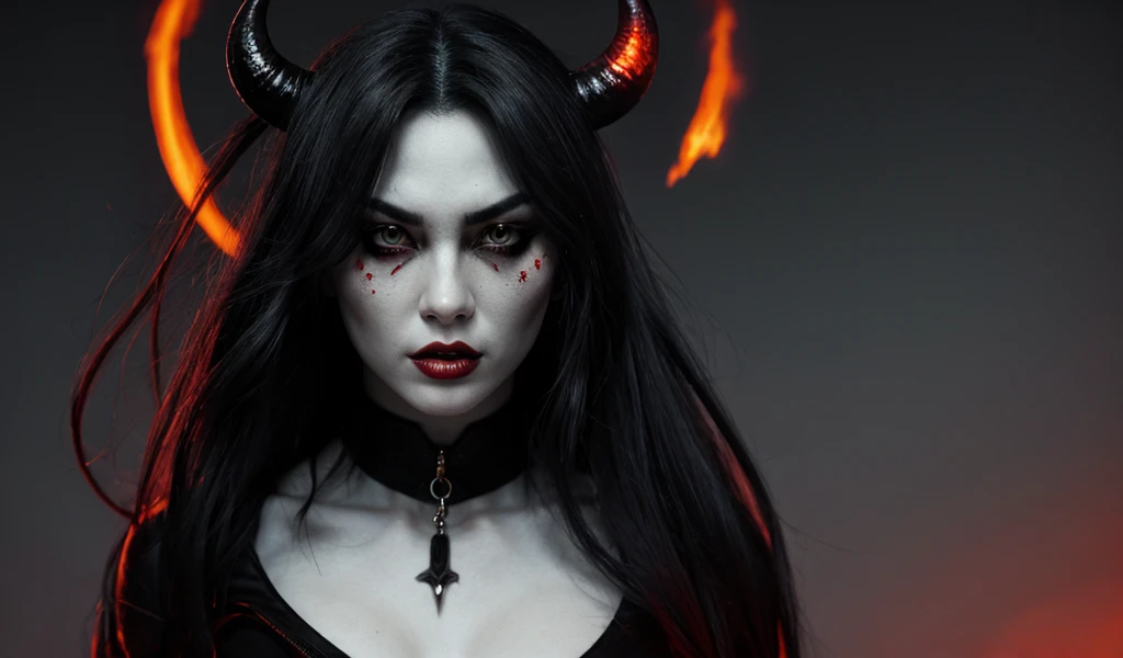 Fruits, Vegetables, horror-themed Wide angle digital illustration, (Demonic female character with dark ash-gray face:1.3), Symmetrical composition, Cracked stone texture, Golden veins, (Red luminescent eyes:1.3), Several twisted horns, Intricate golden metallic details, (Golden veins on neck and shoulders:1.2), Gothic architectural background, Bluish light from top center, (Ominous atmosphere:1.2), Deep shadows, Highlighted facial features, Sinister expression, Realistic digital art, Fantastic influence, eerie, unsettling, dark, spooky, suspenseful, grim, highly detailed, her mouth open wide with sex appeal.