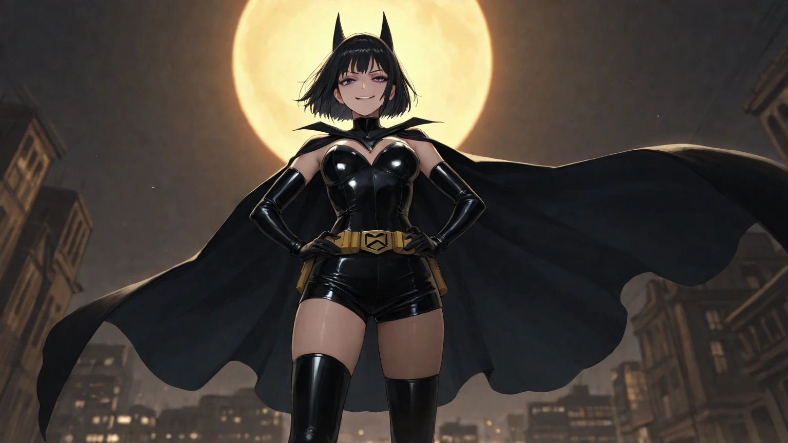 garota negra com cabelos cacheados sorrindo, com roupa da mulher gato do batman, e background cinza