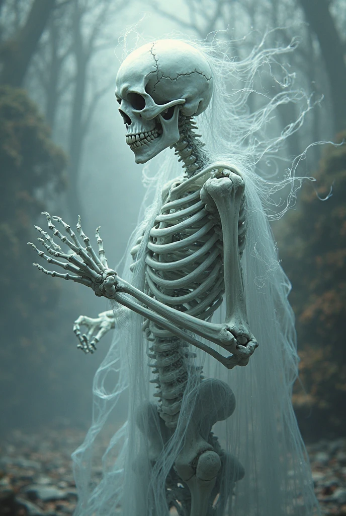 dark, horror, masterpiece, best quality, intricate detail, absurdres, DREAD, a skeletonized man with bits of flesh hanging off his bones, his skull is covered in icicles and frost, intricate carving, wearing a face mask, glowing eye sockets, wearing a frozen blue crown