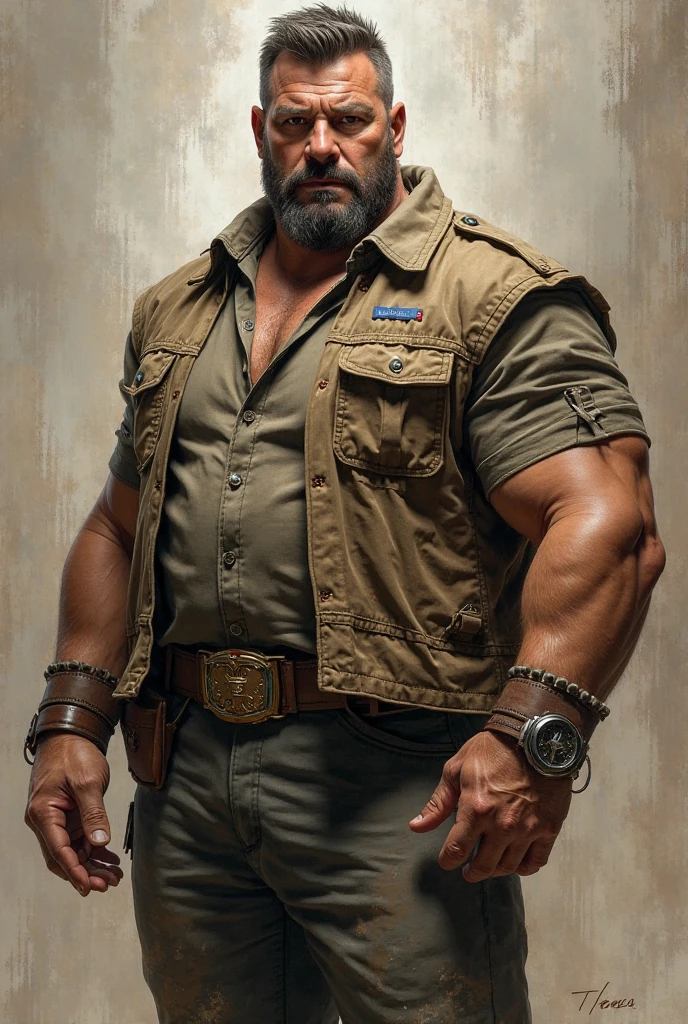 (masterpiece, intricately detailed, highest resolution, best quality:1.2),a cocky indian male model,a 80 y.o muscle dad with a muscular physique sitting on a chair with black eyes,shaved head, signature mustache, dark-skinned male, huge beard, mutton- chops, ((excessive  on body:1.2)), wearing chest , bracelets, necklace, jewelry,  ,saggy ,hairy chest,vascular,muscle striations,soft light,fantastic realism,