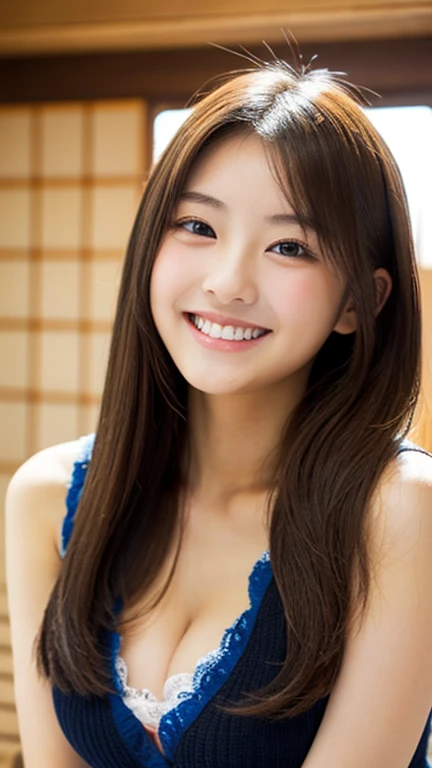 masterpiece,best quality,(Japanese ),((Beautiful girl)),cleavage,indoor,(perfect body beauty:1.2),(shy smile),beautiful teeth,