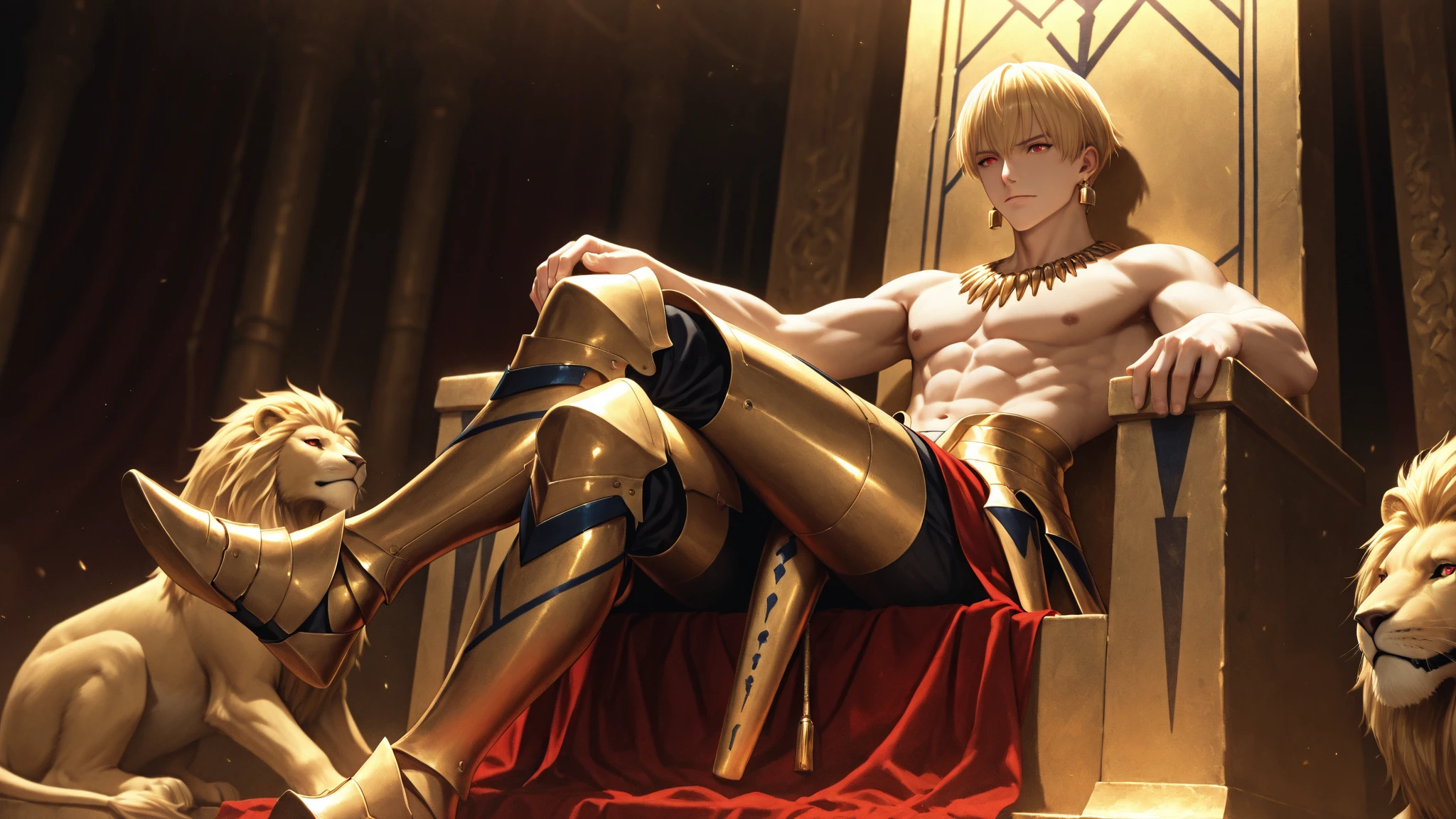 (absurdres, highres, ultra detailed, HDR) master piece, best quality, Gilgamesh, blond hair, expressive red eyes, Fate Grand Order, solo, sexy man, handsome, golden earrings, toned chest, ?????, ????, red couch, sitting, castle room, luxurious, fantasy